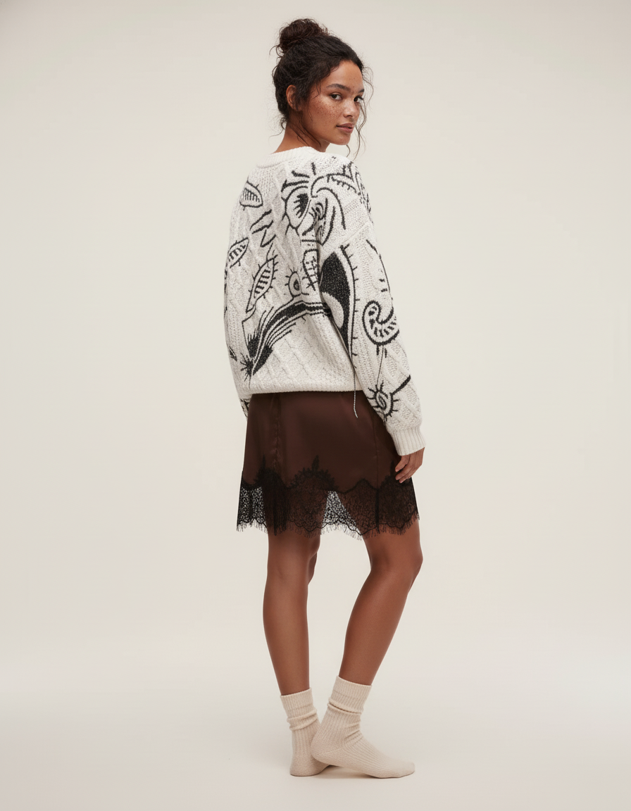 Jupe Dentelle Marron Satin Fluide