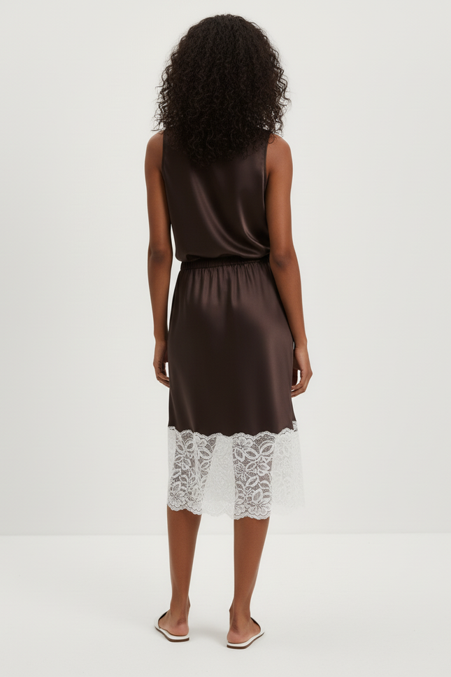 Jupe Dentelle Satinée Marron Chic