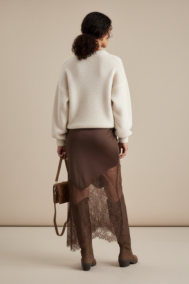 Jupe Dentelle Marron Asymétrique Élégante