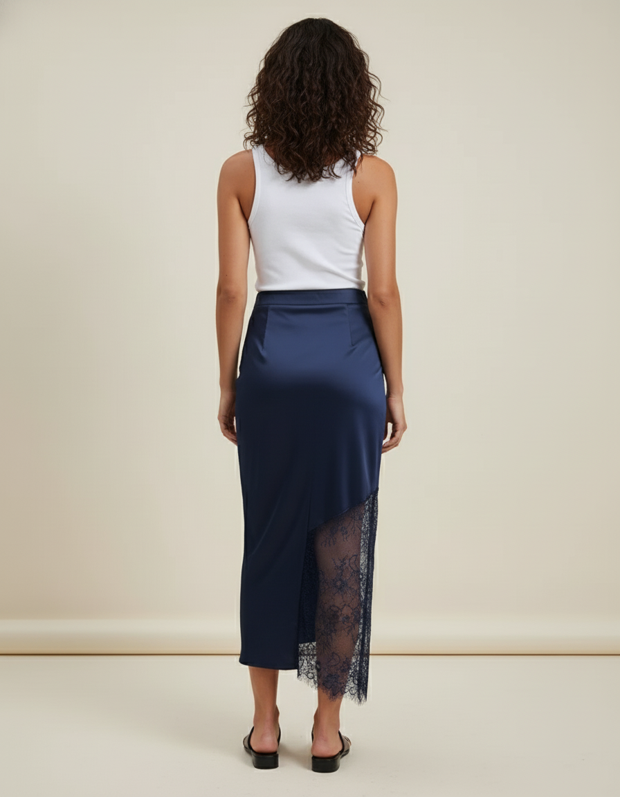 Jupe Dentelle Bleu Marine Satin Élégante