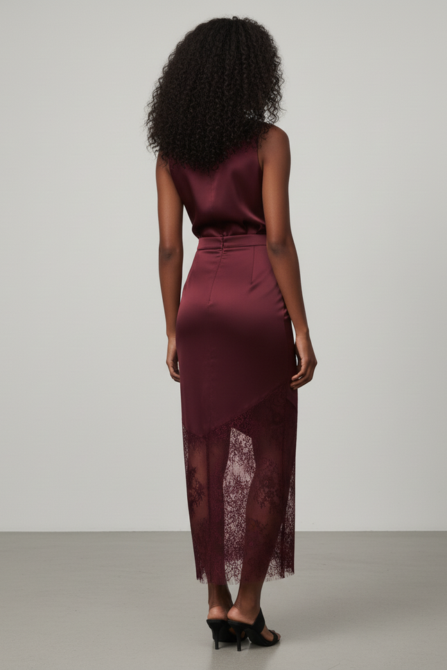 Jupe Dentelle Bordeaux Patchwork Élégante