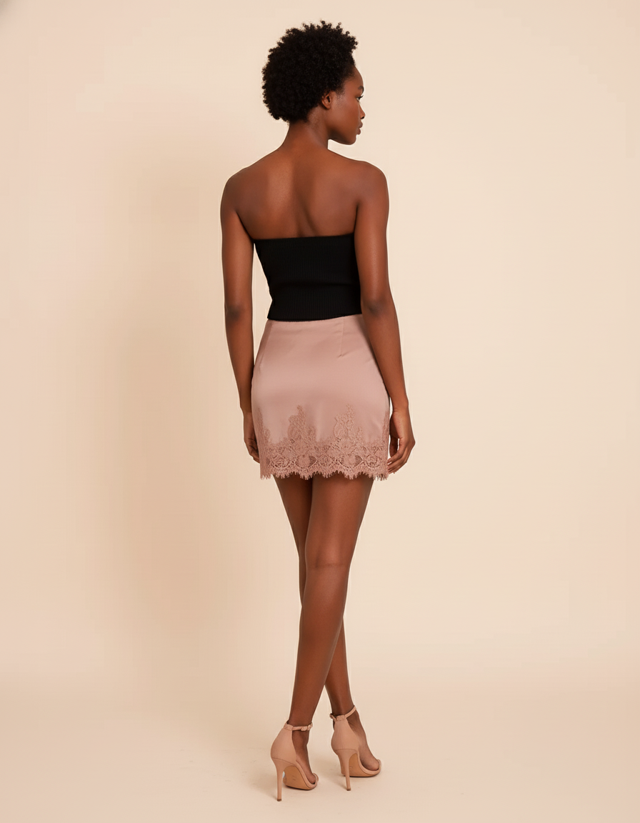 Jupe Dentelle Satin Rose Poudré Chic