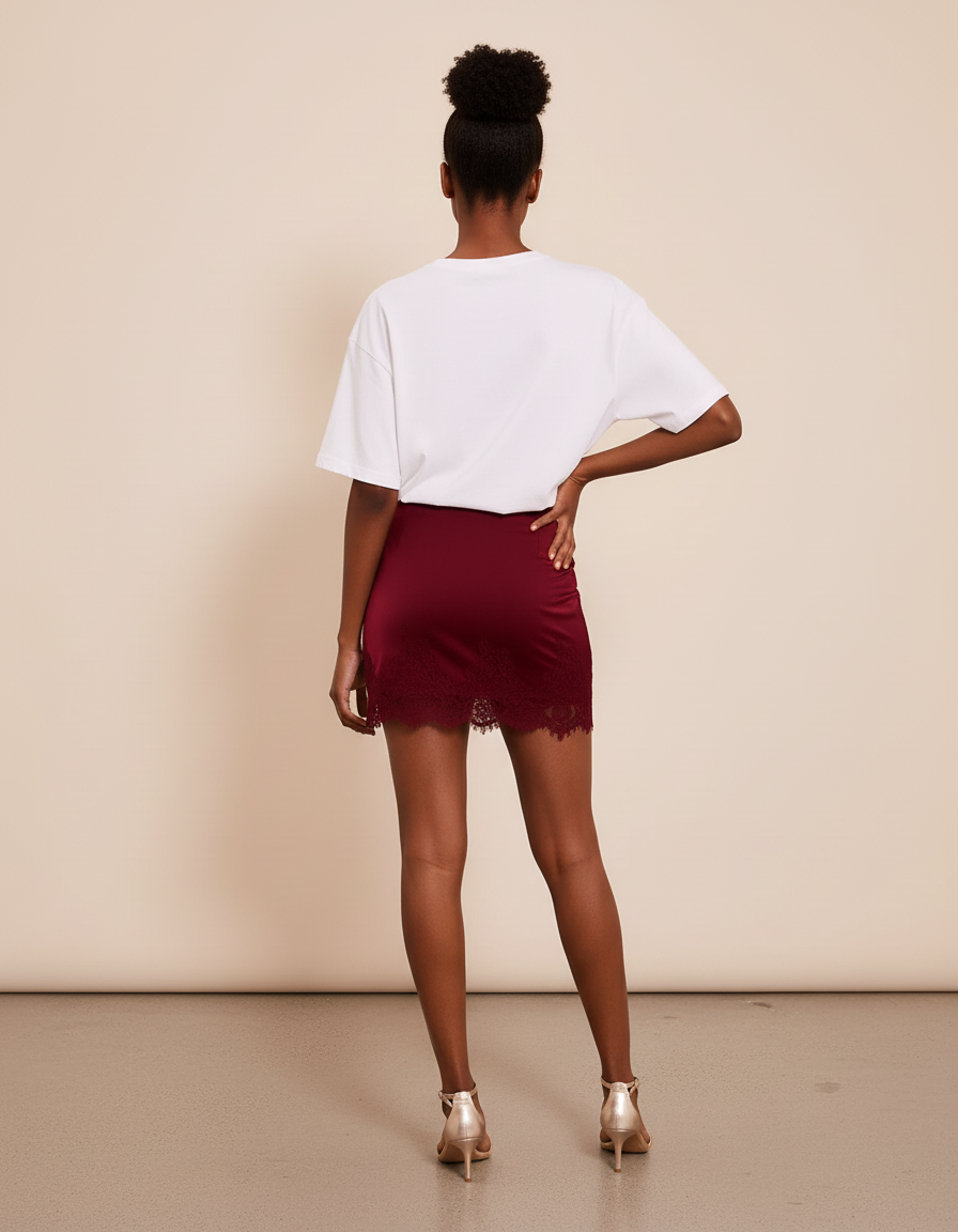 Jupe Dentelle Bordeaux Satin Chic