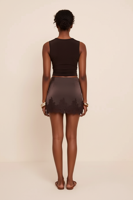 Jupe Dentelle Marron Satin Chic