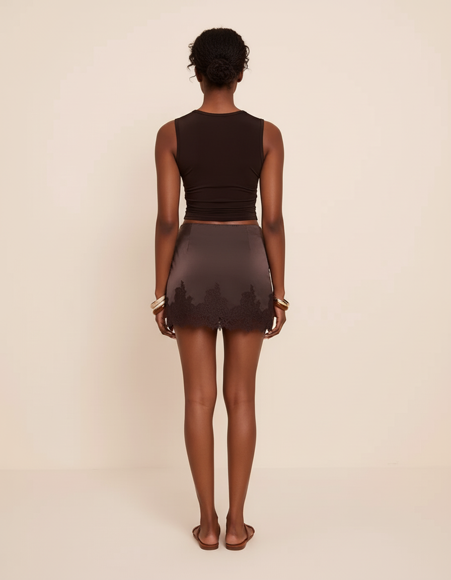 Jupe Dentelle Marron Satin Chic