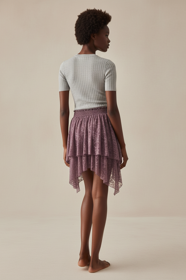 Jupe Dentelle Mauve À Volants Fluide