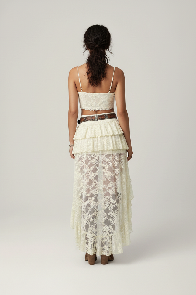 Jupe Dentelle Crème Asymétrique Volants Bohème