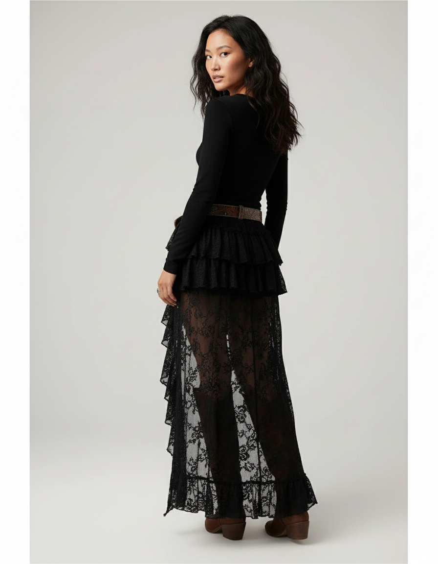 Jupe Dentelle Noire Asymétrique Bohème