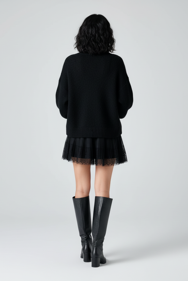 Jupe Dentelle Noire Plissée Décontractée