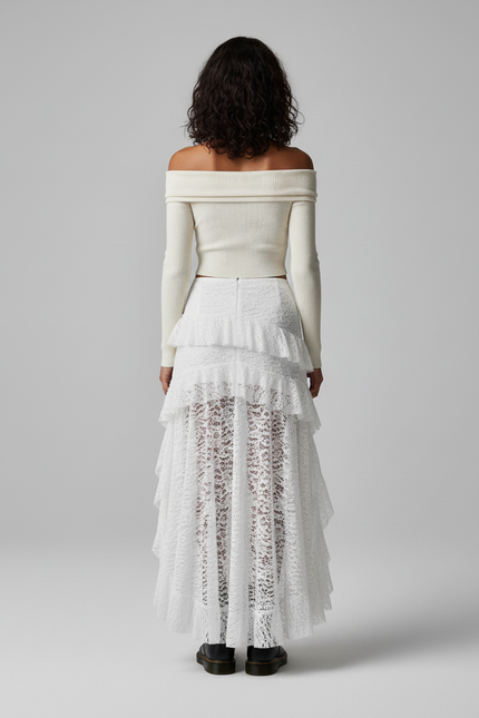 Jupe Dentelle Blanche Asymétrique Fluide
