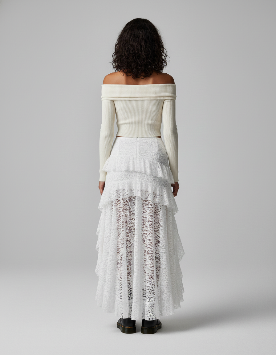 Jupe Dentelle Blanche Asymétrique Fluide
