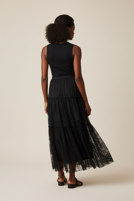 Jupe Dentelle Noire À Volants Élégante Romantique