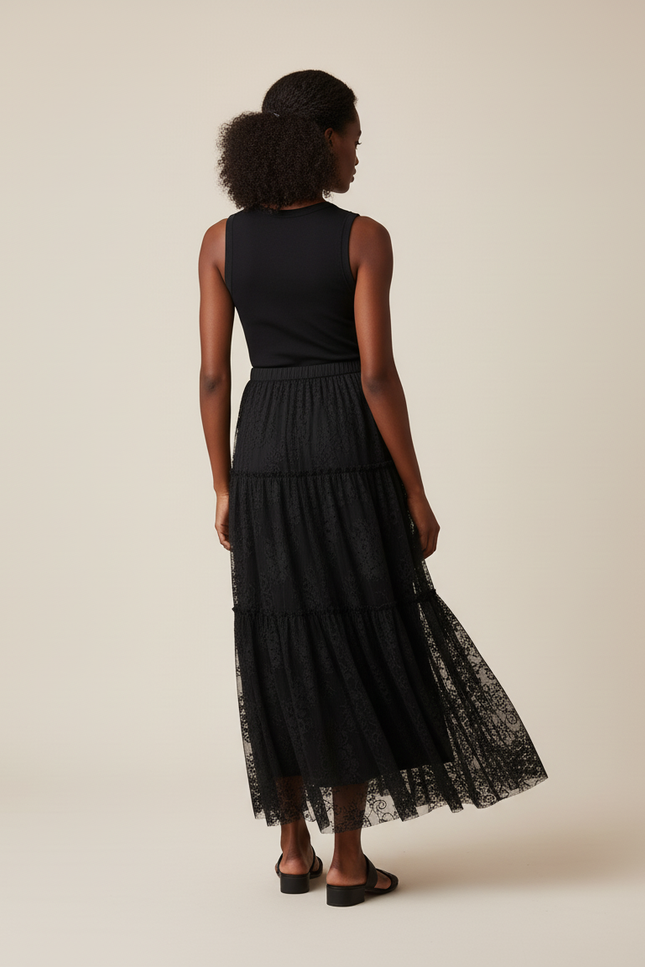 Jupe Dentelle Noire À Volants Élégante Romantique