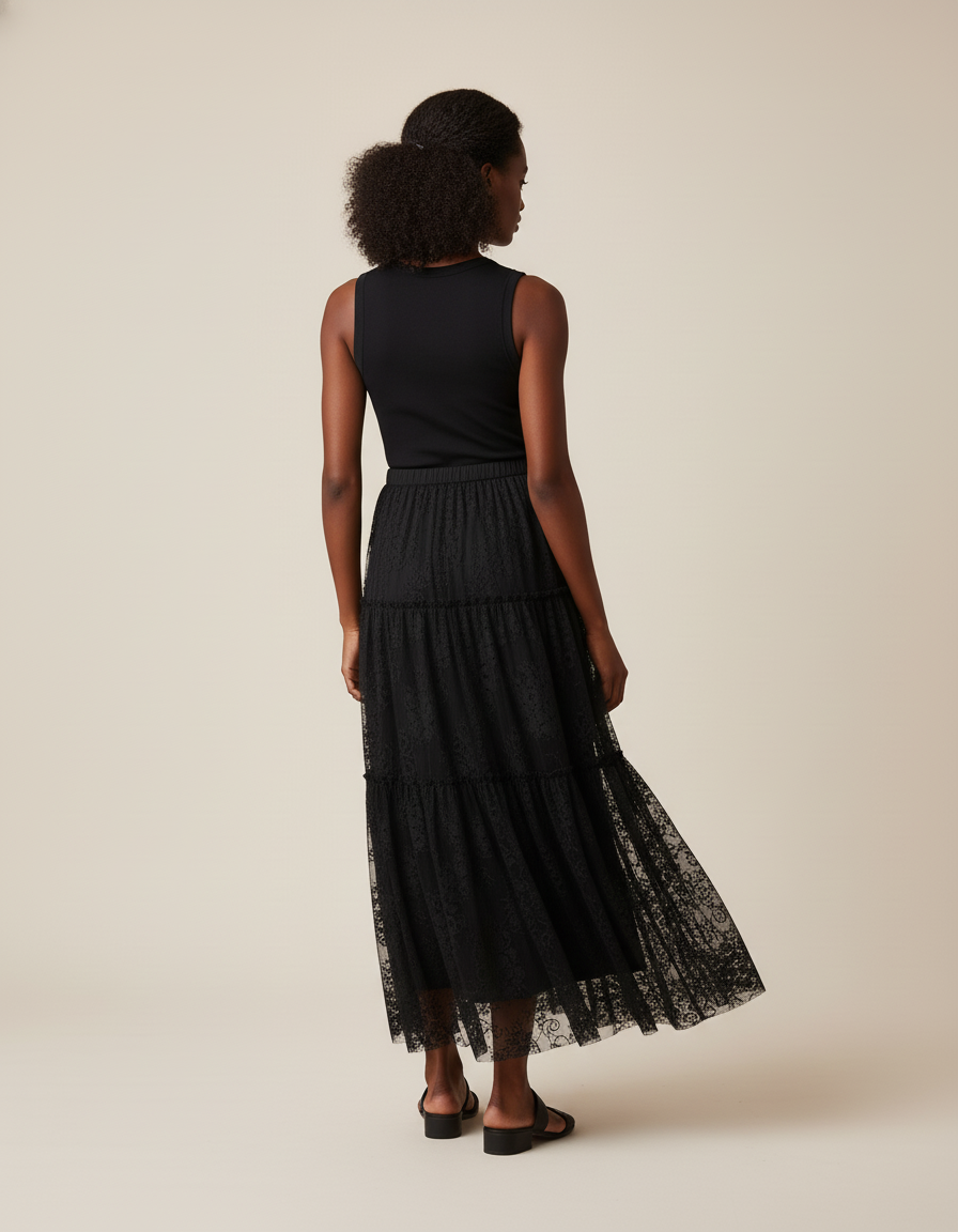 Jupe Dentelle Noire À Volants Élégante Romantique