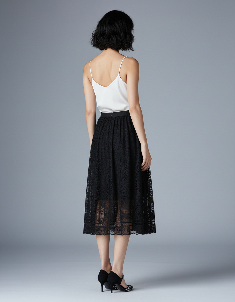 Jupe Dentelle Noire Plissée Élégante Raffinée