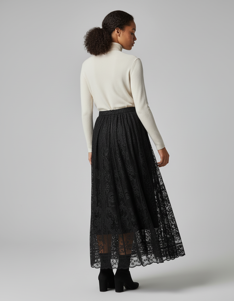 Jupe Dentelle Noire Plissée Élégante Délicate