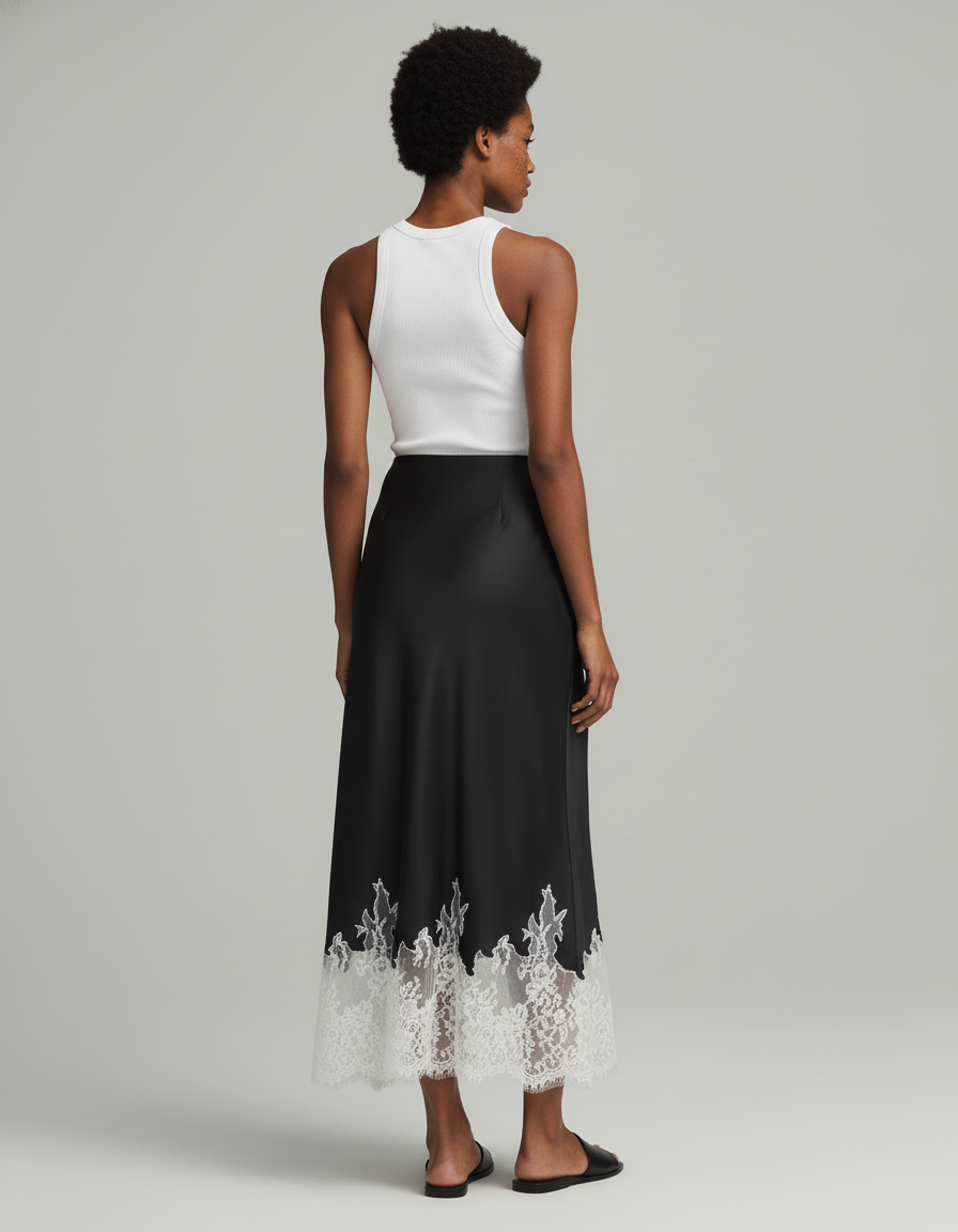 Jupe Dentelle Noire Ourlet Blanc Élégante