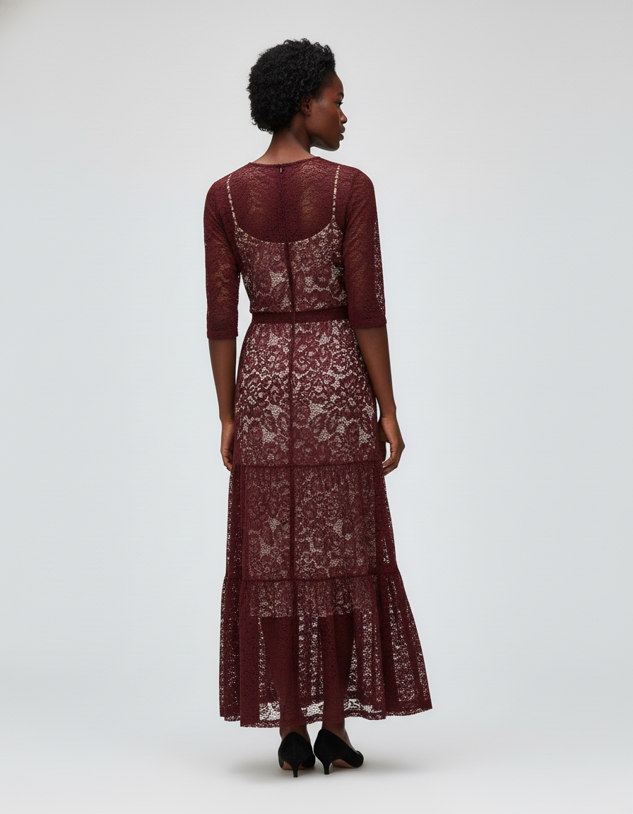 Jupe Dentelle Florale Bordeaux Chic