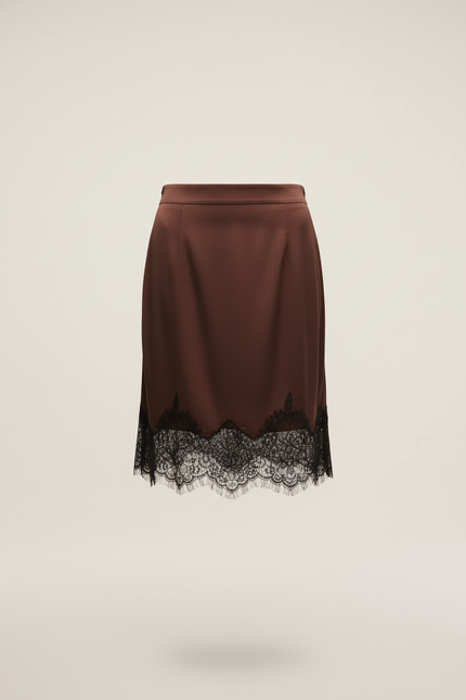 Jupe Dentelle Marron Satin Fluide