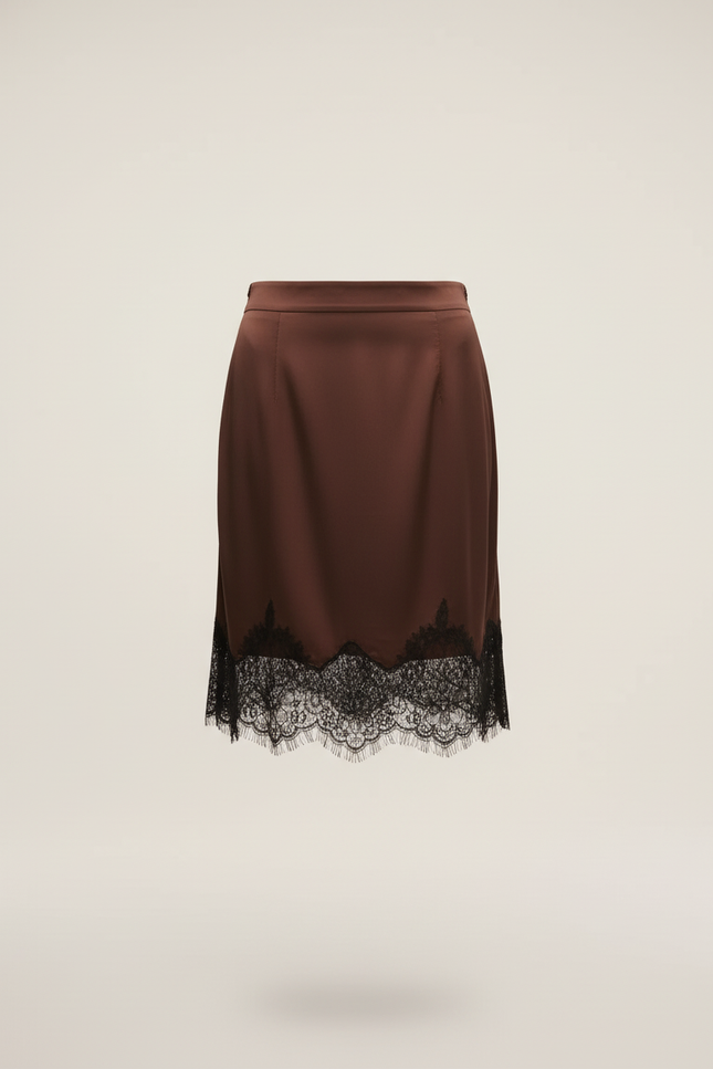Jupe Dentelle Marron Satin Fluide