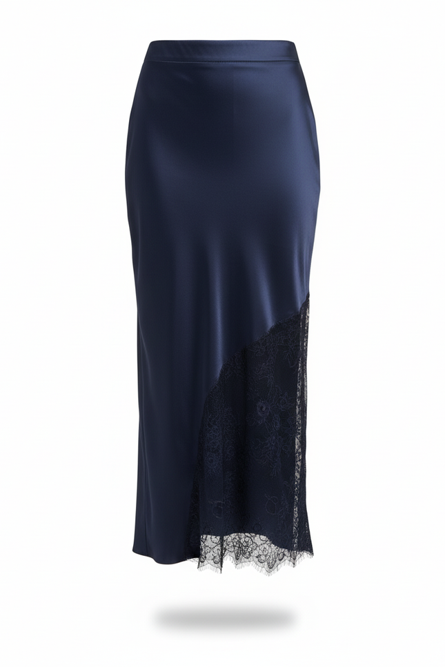 Jupe Dentelle Bleu Marine Satin Élégante
