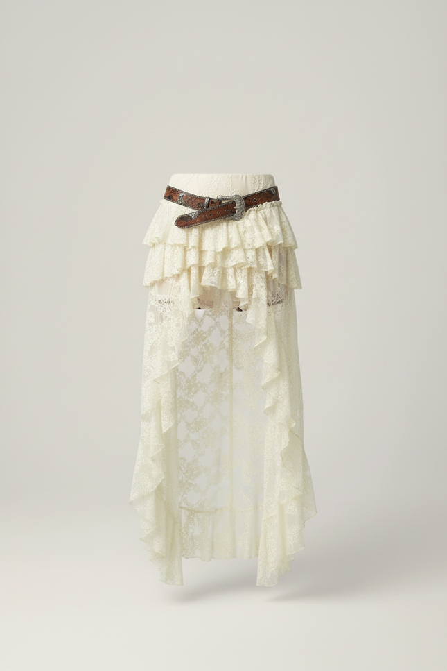 Jupe Dentelle Crème Asymétrique Volants Bohème
