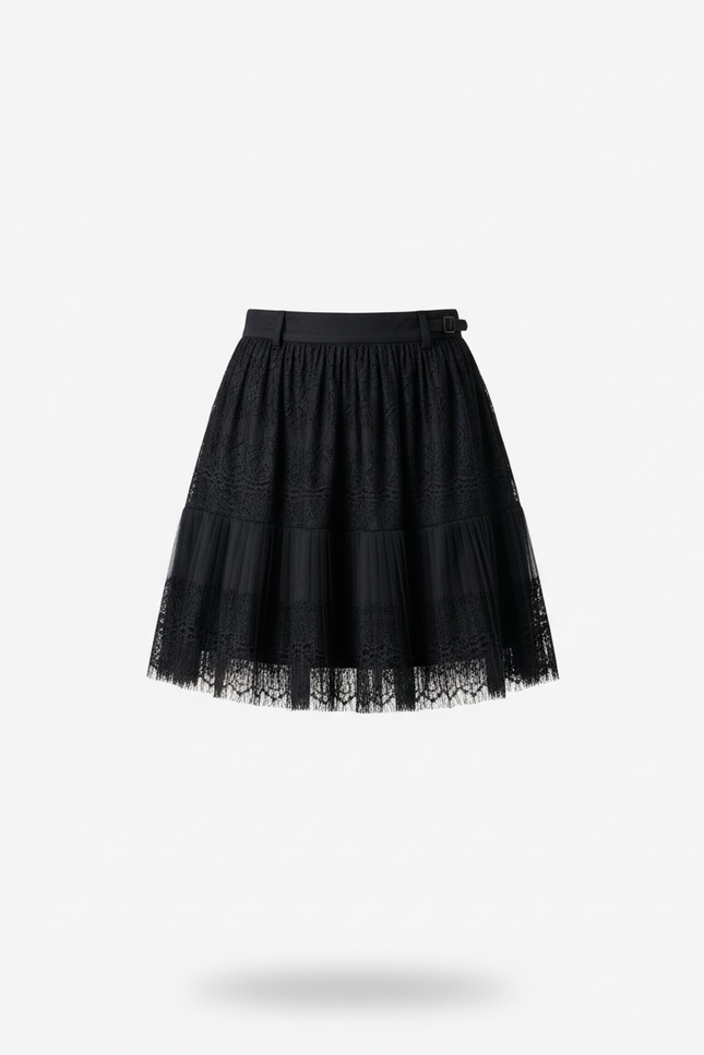 Jupe Dentelle Noire Plissée Décontractée