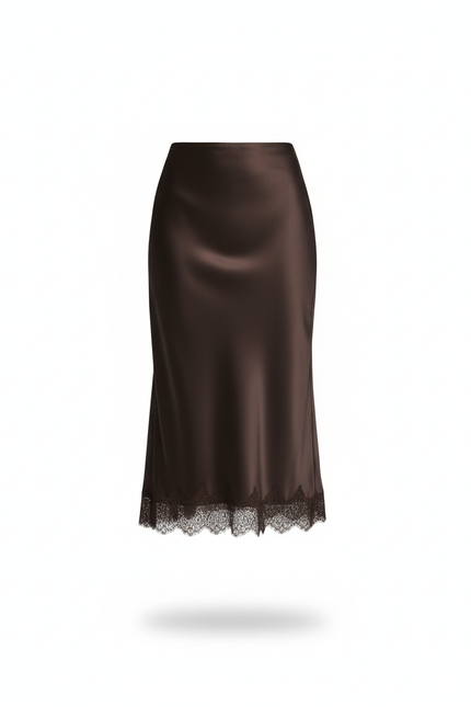 Jupe Dentelle Satin Marron Élégante