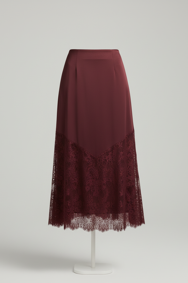 Jupe Dentelle Bordeaux Satinée Élégante